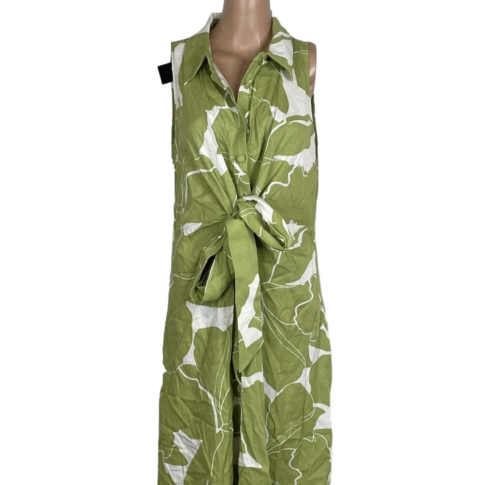 Donna Karan Women’s Printed Linen Blend Shirt Dress Size 14 Green